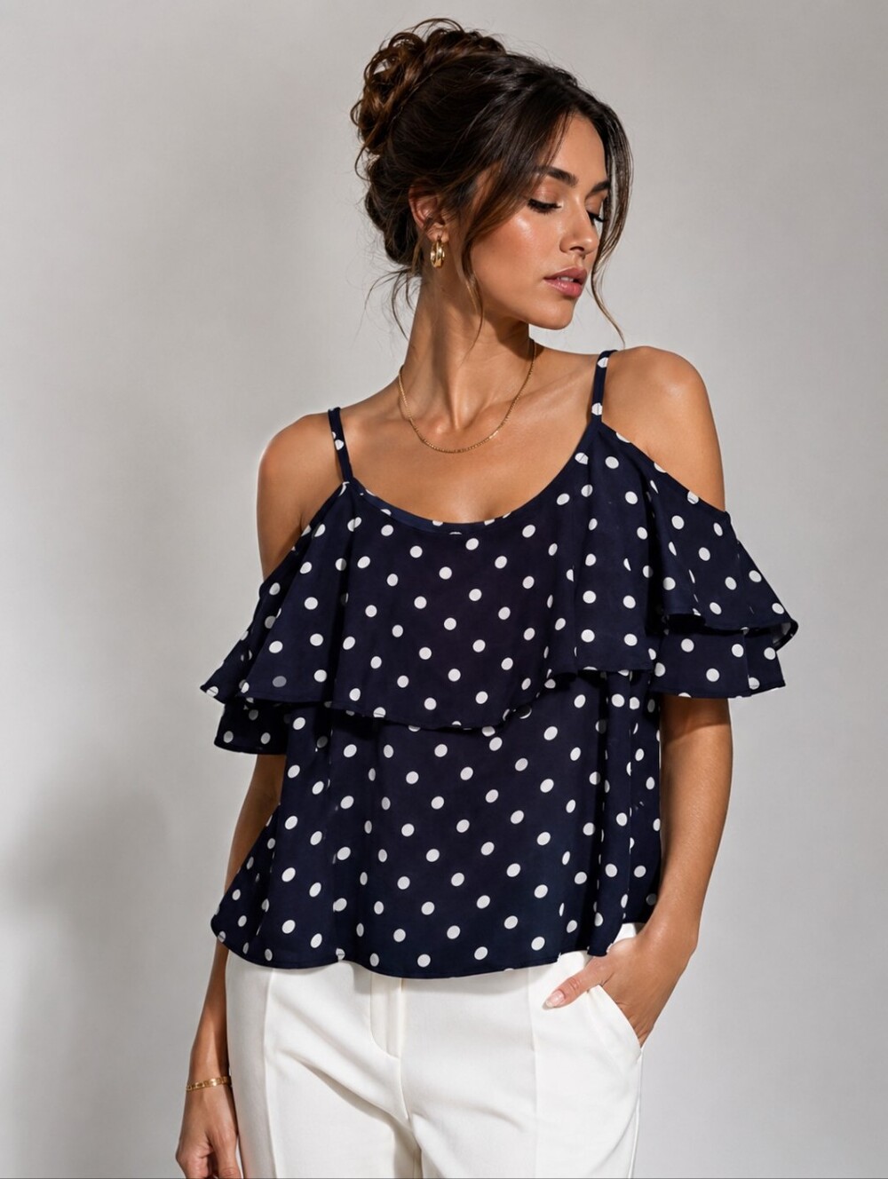 Bobeau Navy blue with white polkadots cold shoulder top